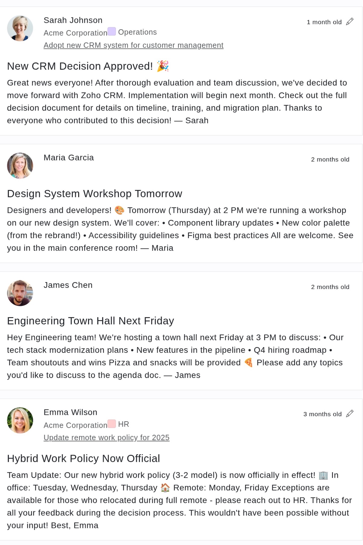 Team bulletins and updates screenshot